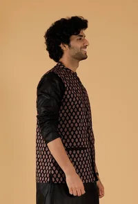 Black Ajrakh Print Cotton Sleeveless Nehru Jacket With Pockets image 3