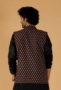 Black Ajrakh Print Cotton Sleeveless Nehru Jacket With Pockets image 4