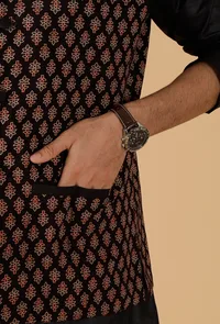 Black Ajrakh Print Cotton Sleeveless Nehru Jacket With Pockets image 6