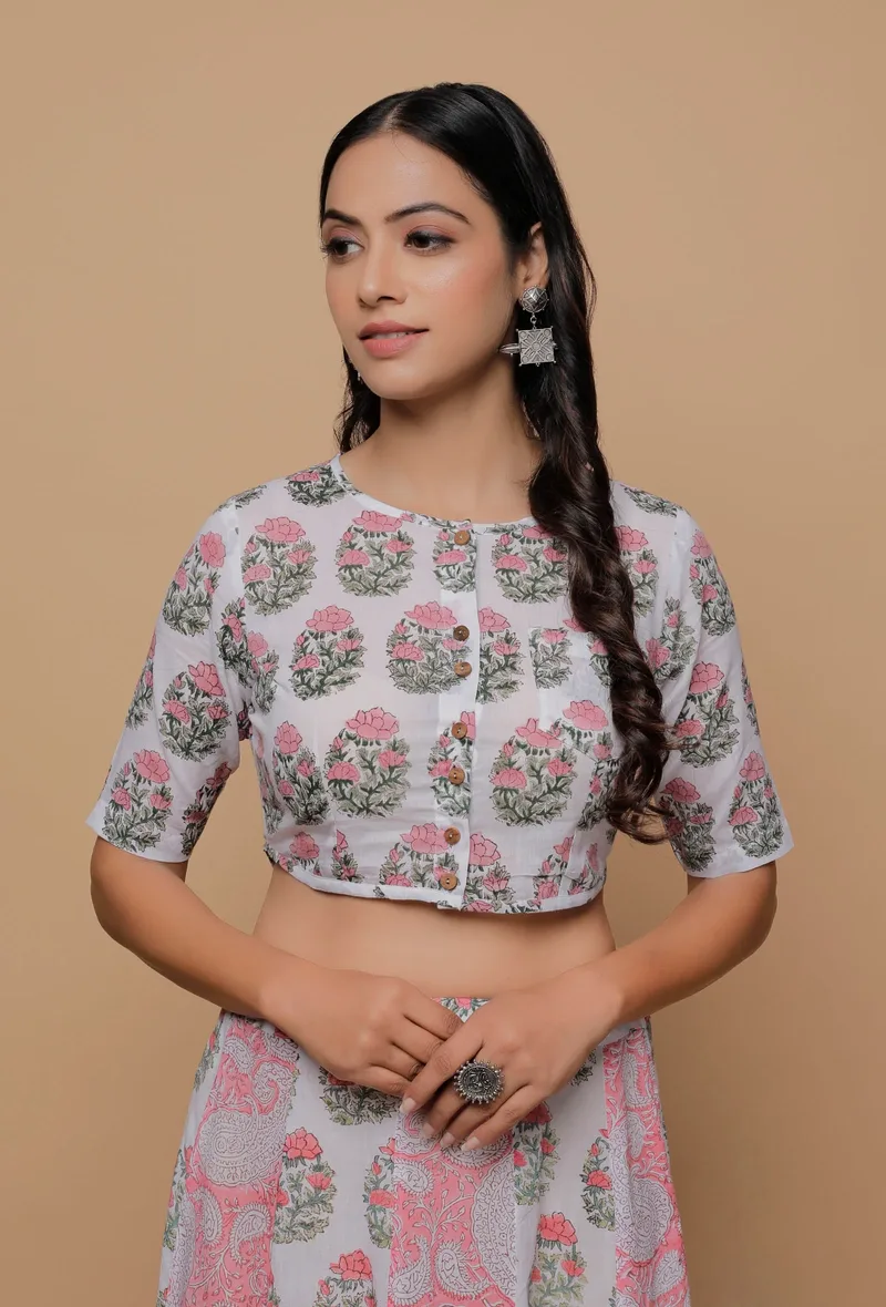 White Handblock Floral Printed High Low Round Neck Blouse