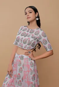 White Handblock Floral Printed High Low Round Neck Blouse image 2