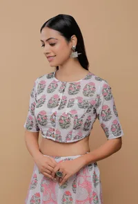 White Handblock Floral Printed High Low Round Neck Blouse image 3