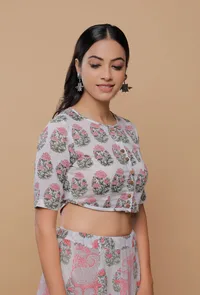 White Handblock Floral Printed High Low Round Neck Blouse image 4