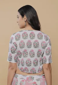 White Handblock Floral Printed High Low Round Neck Blouse image 5