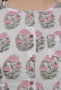 White Handblock Floral Printed High Low Round Neck Blouse image 6