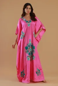 Aari Embroidered Satin Pink Kashmiri Kaftan- Free Size image 1