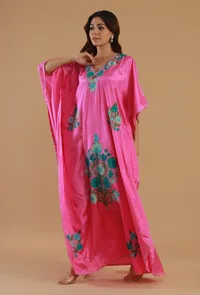 Aari Embroidered Satin Pink Kashmiri Kaftan- Free Size image 2