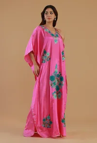 Aari Embroidered Satin Pink Kashmiri Kaftan- Free Size image 3