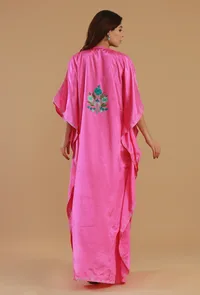 Aari Embroidered Satin Pink Kashmiri Kaftan- Free Size image 4