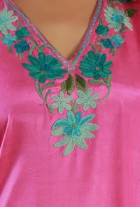 Aari Embroidered Satin Pink Kashmiri Kaftan- Free Size image 5