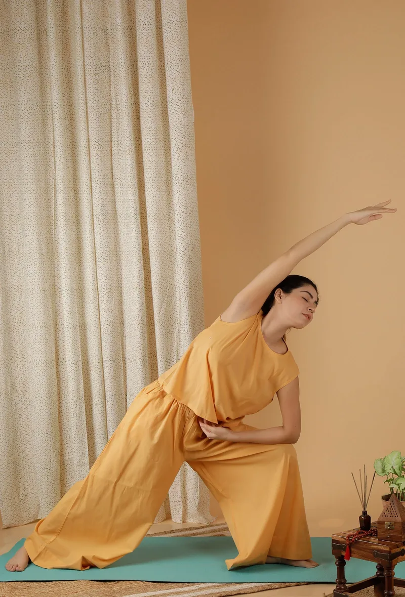 Set Of 2: Mulmul Cotton Solid Mustard Top And Wide Leg Pants