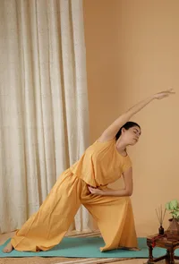 Set Of 2: Mulmul Cotton Solid Mustard Top And Wide Leg Pants image 1