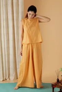Set Of 2: Mulmul Cotton Solid Mustard Top And Wide Leg Pants image 2