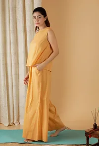Set Of 2: Mulmul Cotton Solid Mustard Top And Wide Leg Pants image 3