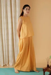 Set Of 2: Mulmul Cotton Solid Mustard Top And Wide Leg Pants image 4