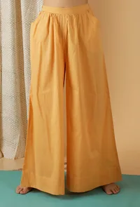 Set Of 2: Mulmul Cotton Solid Mustard Top And Wide Leg Pants image 6