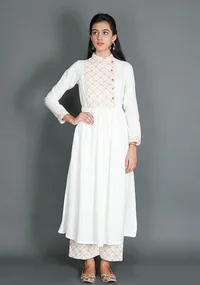 White Anarkali With Mustard Kantha Embroidery image 1