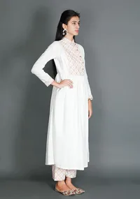 White Anarkali With Mustard Kantha Embroidery image 2