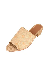 Beige Brocade Block Heels image 3