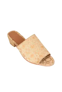 Beige Brocade Block Heels image 4