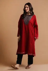 Red Kashmiri Sozni Embroidery Phiran-Free Size image 3
